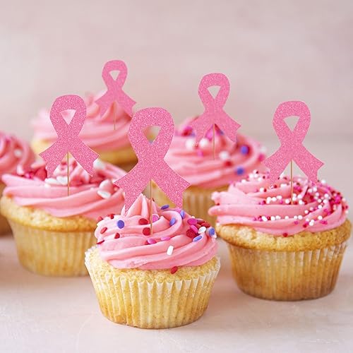 Miniatura 4 de 24 piezas de adornos para cupcakes para concientización sobre el cáncer de mama, cinta rosa con purpurina para lucha contra la esperanza creer y el