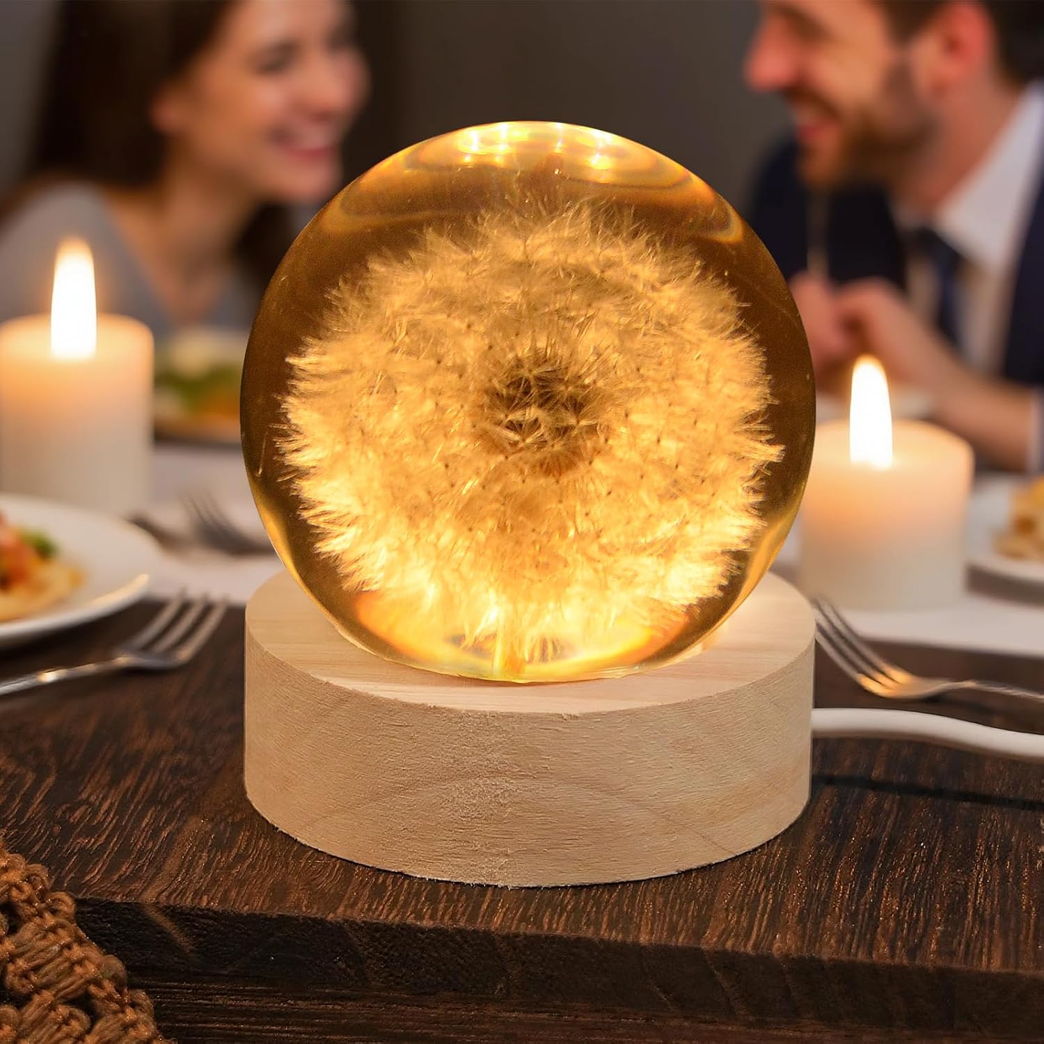 Dandelion Crystal Ball Night Light - Real Dandelion Encased in Glowing Resin Ball, USB-Powered Desk Lamp with Wood Base, Unique Gift for Valentine's Day, Mother's Day & Home Decor