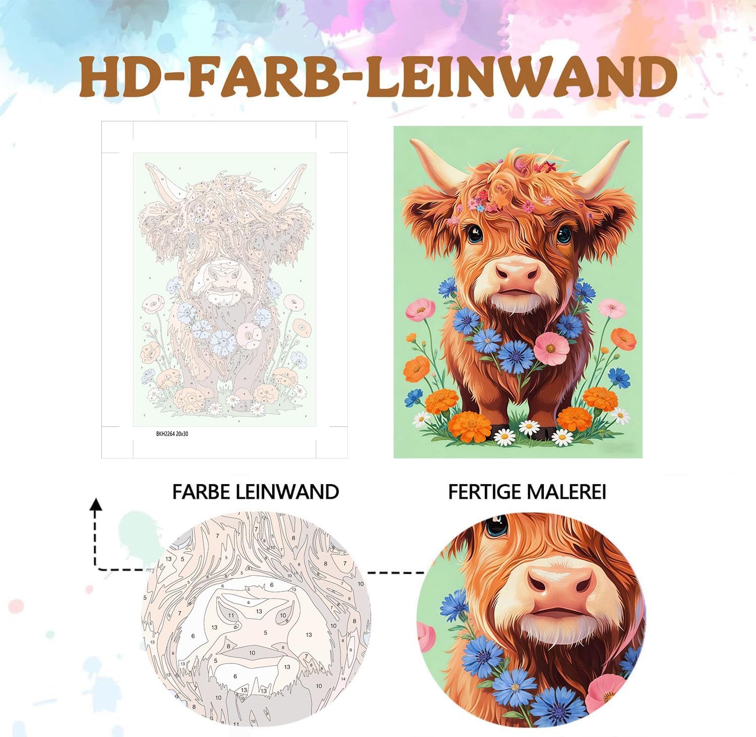 Gemartmall Cow Painting by Numbers Children from 7 8 9 10 with Frame Easel - Painting by Numbers Animals for Gift DIY Craft Set 20 x 20 cm