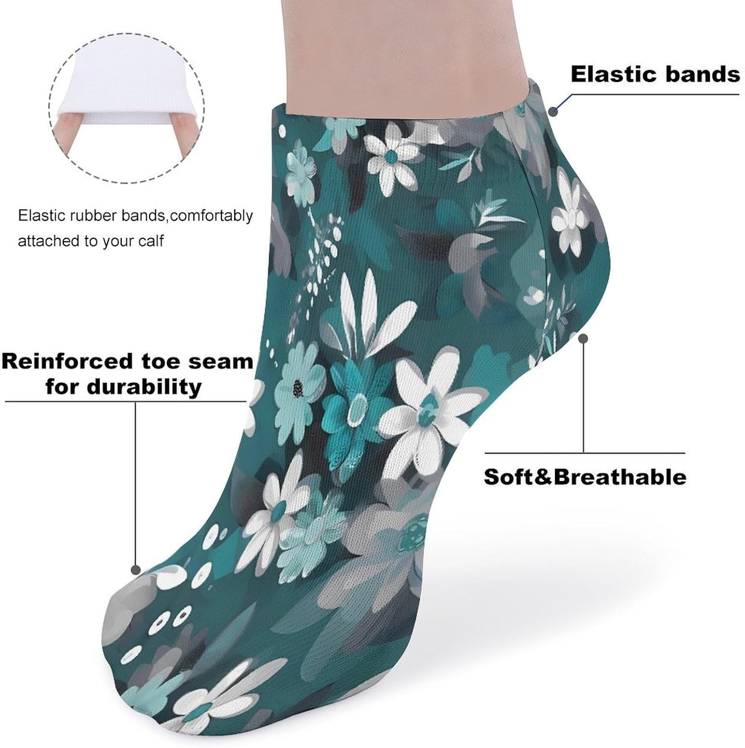 Teal Grey And White Floral Ankle Sock Low Cut Socks Tube Socks for Sports
