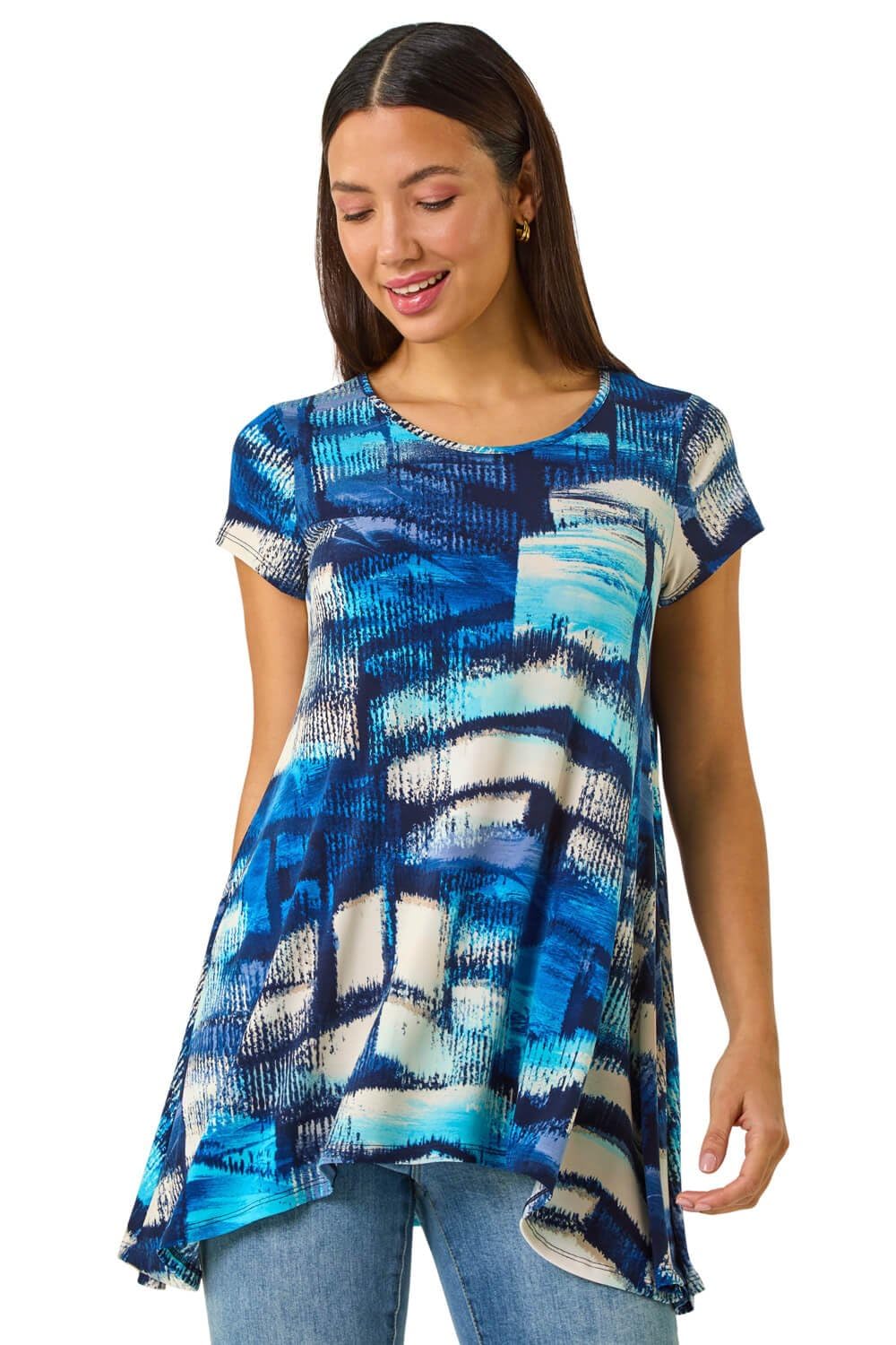Roman Women's Blue Abstract Print Stretch Tunic Top Size 12