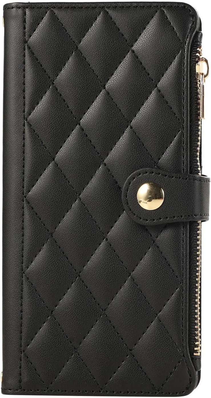 Crossbody Wallet Case for Oppo Reno15 Pro 5G with Card Holder, Soft PU Leather Magnetic Snap Flip Zipper Strap Phone Cover - Black