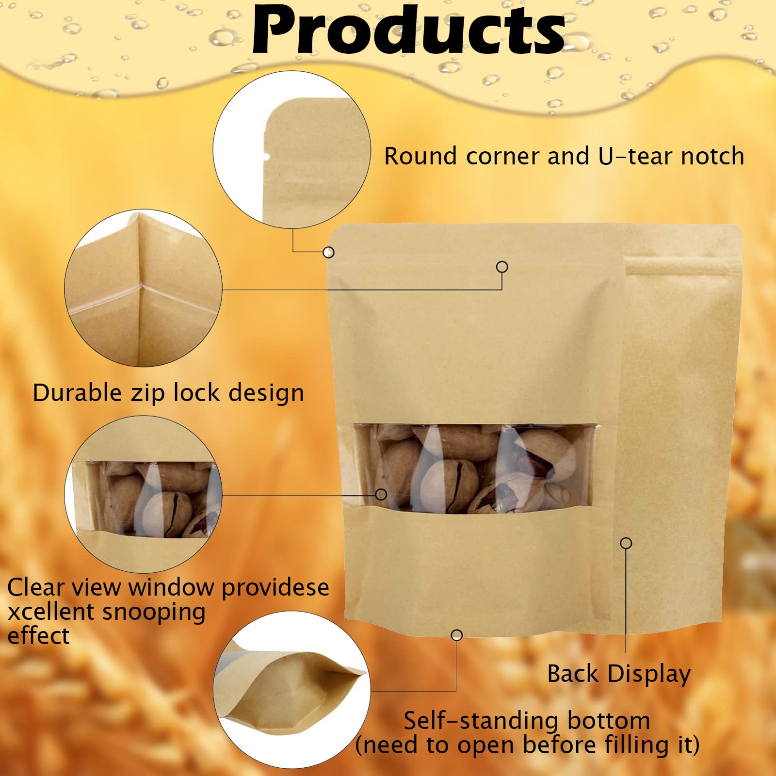 100 bolsas de papel kraft con ventana transparente, bolsas de pie de 5.9 x 8.7 pulgadas, bolsas de café, bolsas sellables para embalaje, bolsas de pie con cremallera para el hogar o el negocio