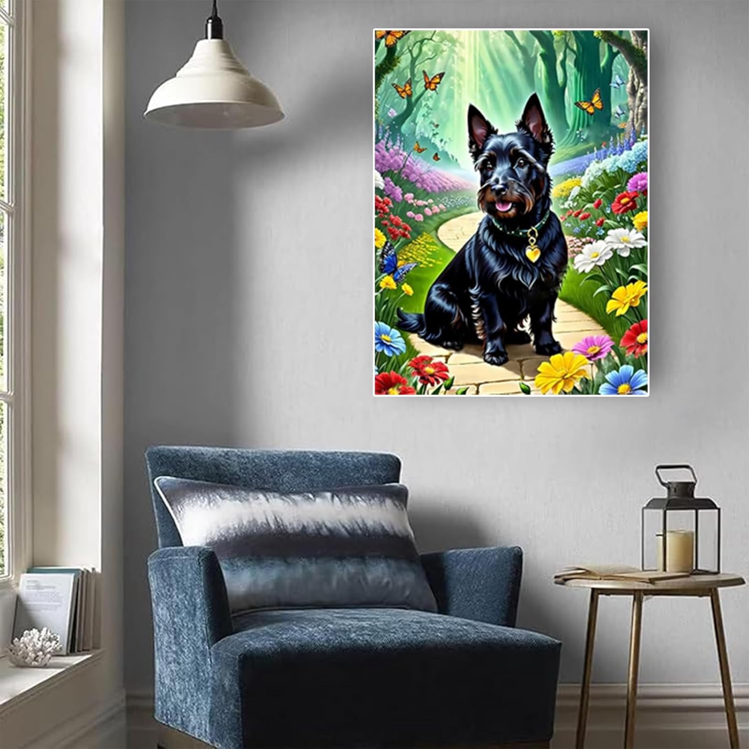 Scottish Terrier Christmas Gift Diamond Art Painting Kits, Green Forest Dog DIY Round Full Drill Diamond Dots Paintings for Beginners Adult, 5D Paint Diamonds Pictures Gem Art Painting Kits 12x16 in