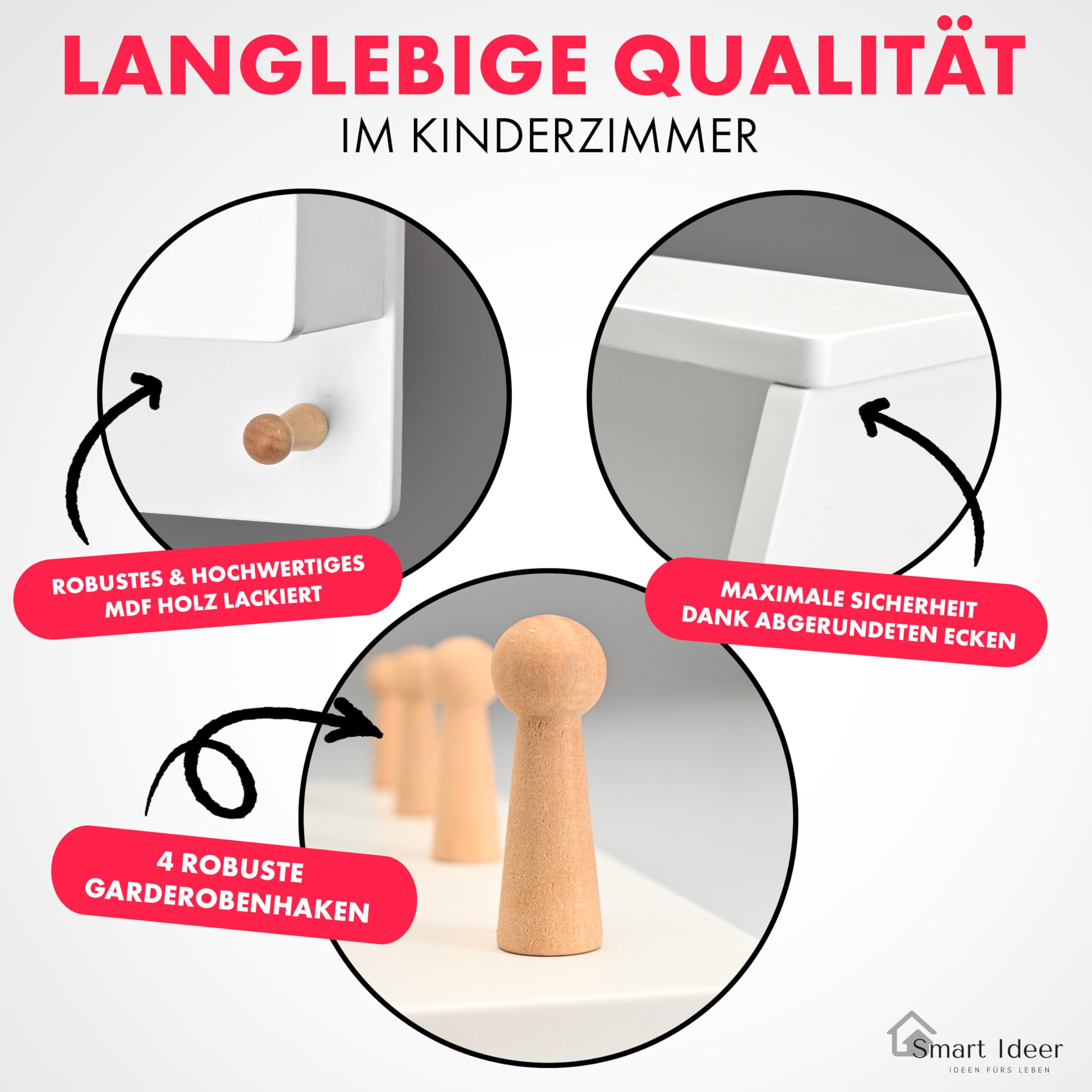 Kindergarderobe mit Ablage - Individuell mit selbstklebenden Buchstaben - Wandgarderobe aus Holz - Garderobe mit 4 Haken - Garderobe Kinder mit Ablage