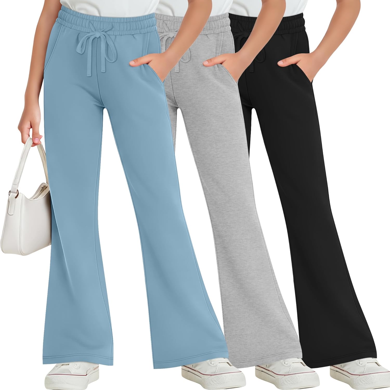 3 Pack Girls Sweatpants Flared Wide Leg Elastic Waist Drawstring Bell Bottom Casual Athletic Pants with Pockets