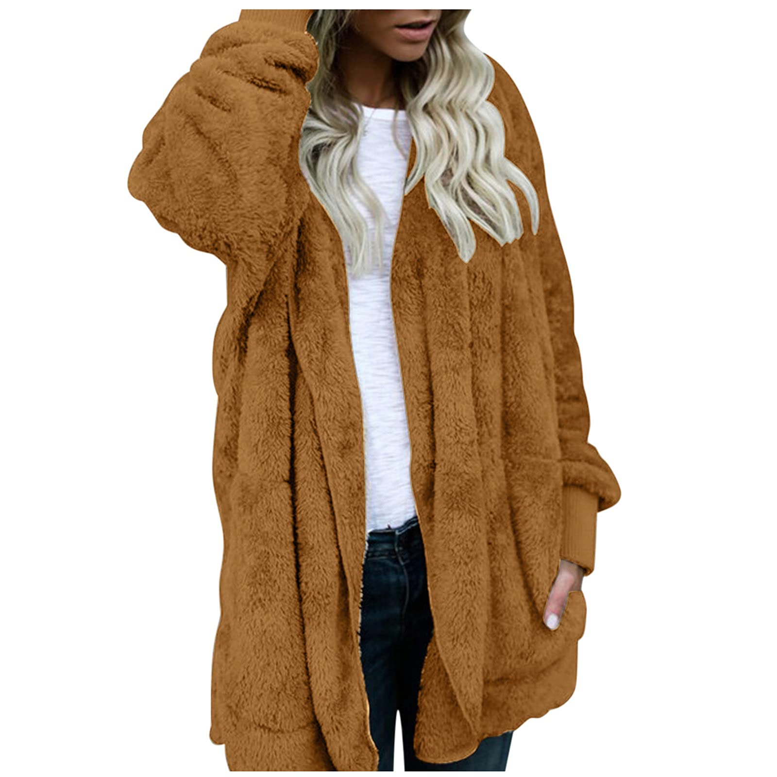 Plus Size Mid Length Plush Cardigan Sweaters for Women, Autumn Winter Warm Open Front Double-Sided Fuzzy Fleece Coat