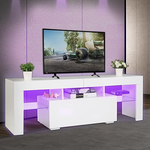 Miniatura 6 de VINGLI Soporte de TV con luz LED, moderno mueble de TV blanco de 51 pulgadas para sala de estar, dormitorio, mueble de TV con almacenamiento, cajón