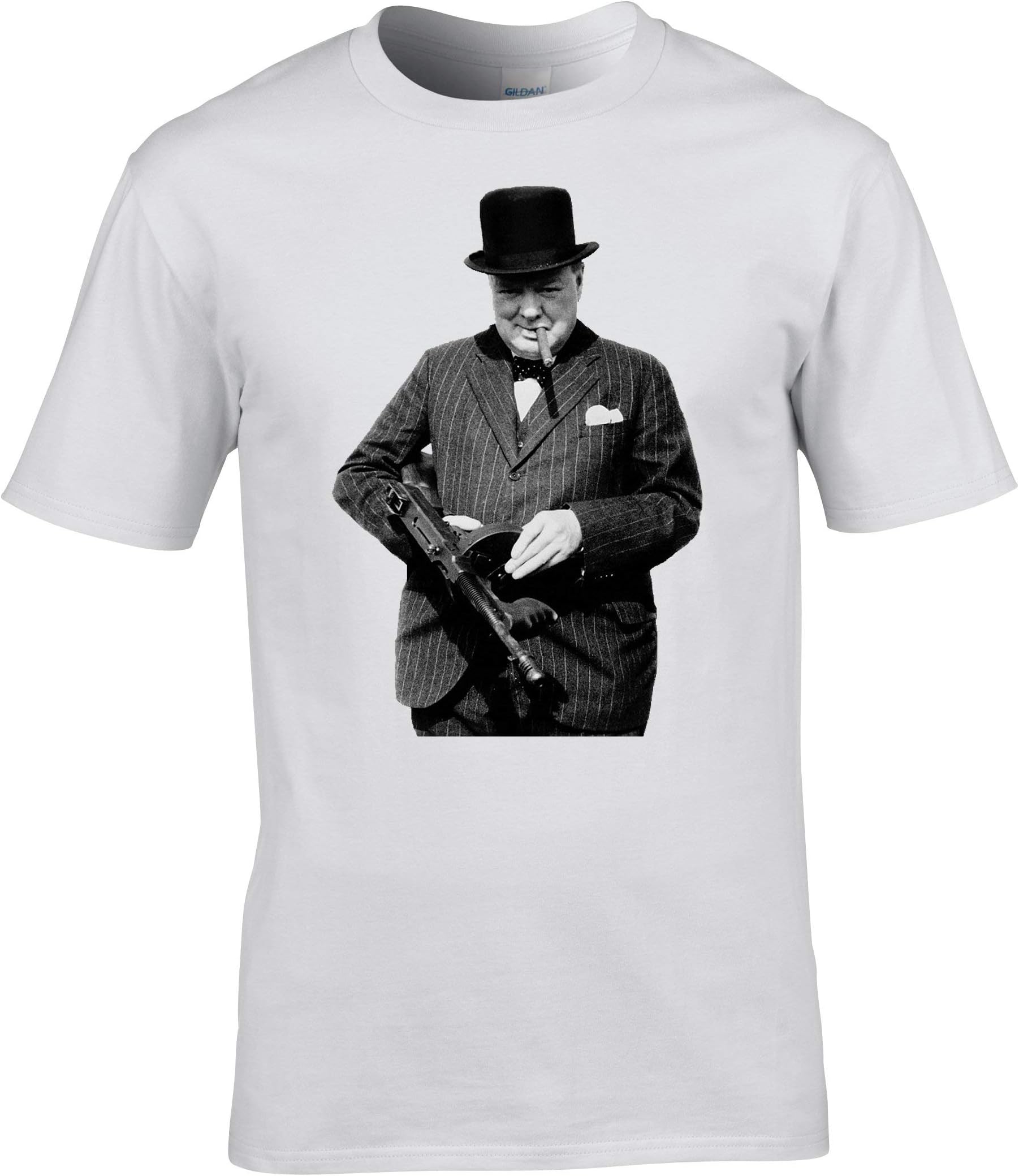 Naughtees Clothing - Winston Churchill with a Machine Gun T-Shirt. A Classic Image of Britains World War 2 Leader Holding a Tommy Gun (Machine Gun)