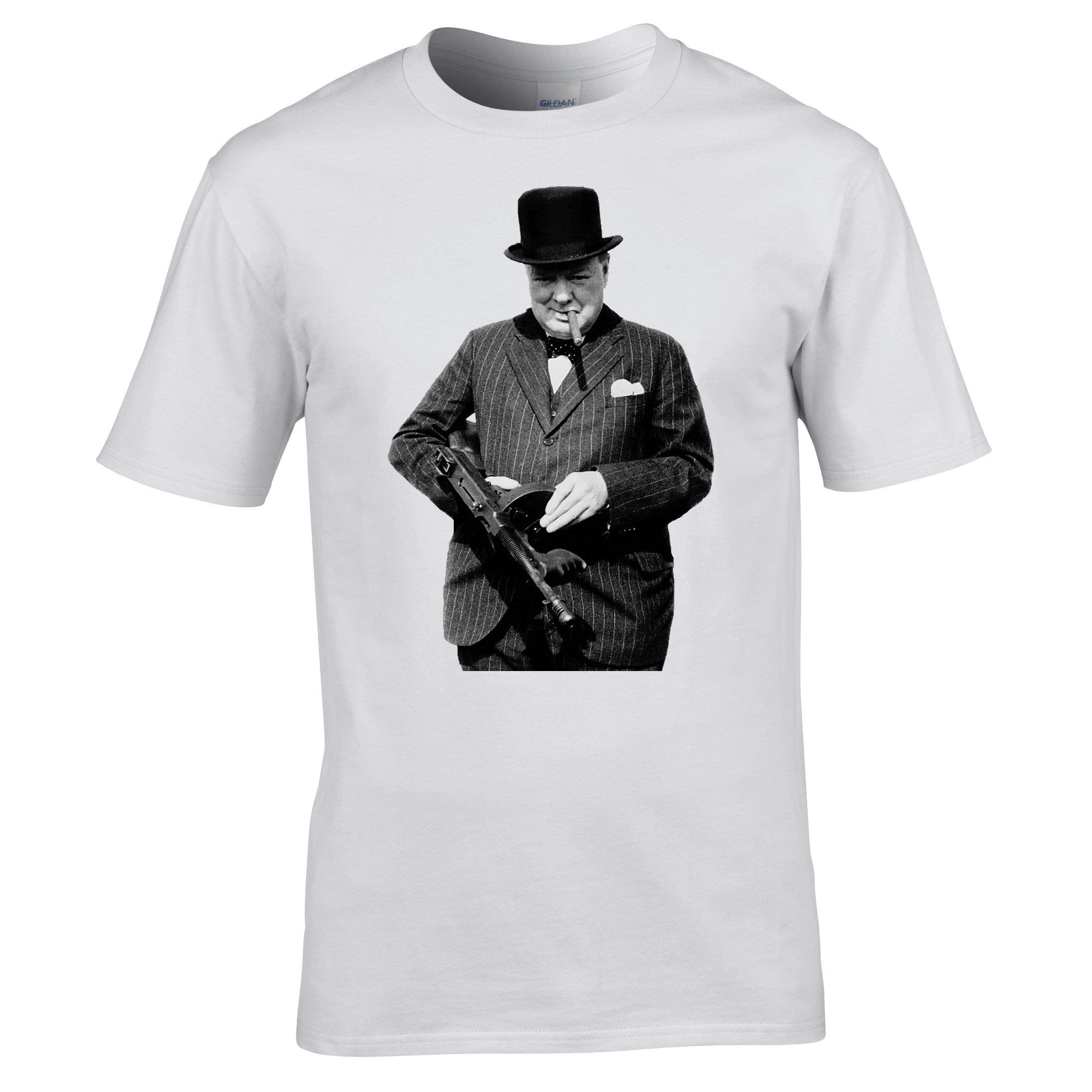 Naughtees Clothing - Winston Churchill with a Machine Gun T-Shirt. A Classic Image of Britains World War 2 Leader Holding a Tommy Gun (Machine Gun)