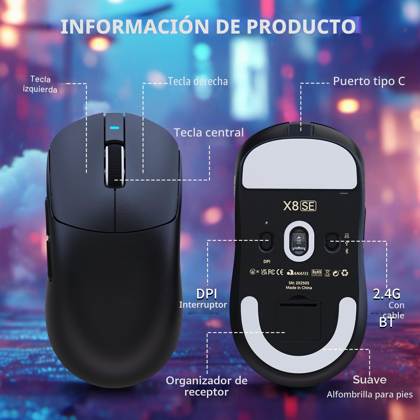 MAMBASNAKE X Attack Shark X8SE 55g Ratón inalámbrico Ultraligero para Juegos-hasta 25000 dpi,Sensor PAW3311,trimodo BT/2,4G/USB-C,80 Millones de clics,500mAh,Controlador Web,for Win/Mac-Negro