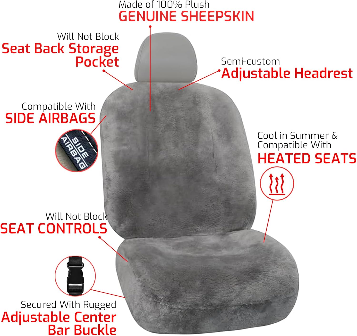 AEGIS Cover Sheepskin Car Seat Covers Semi-Custom Merino Wool Front Seat Covers Super Soft Dense Pelt Luxury Interior Universal Fit for Most Automobiles SUV, MPV, Truck, Sedan 2Pack (Steel Gray)