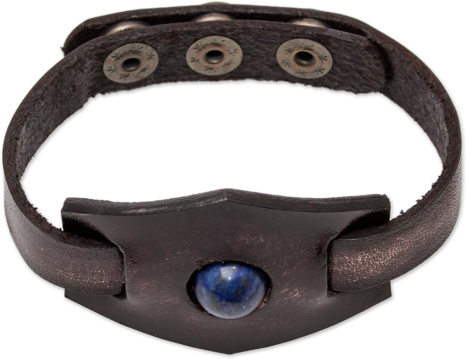 NOVICA Artisan Handmade Lapis Lazuli Leather Wristband Bracelet Adjustable Snap Brown Blue Thailand Gemstone Bohemian Birthstone [7 in min L x 8.25 in max L 11 mm W Pendant(s) 1.7 in L x 1.3 in W]