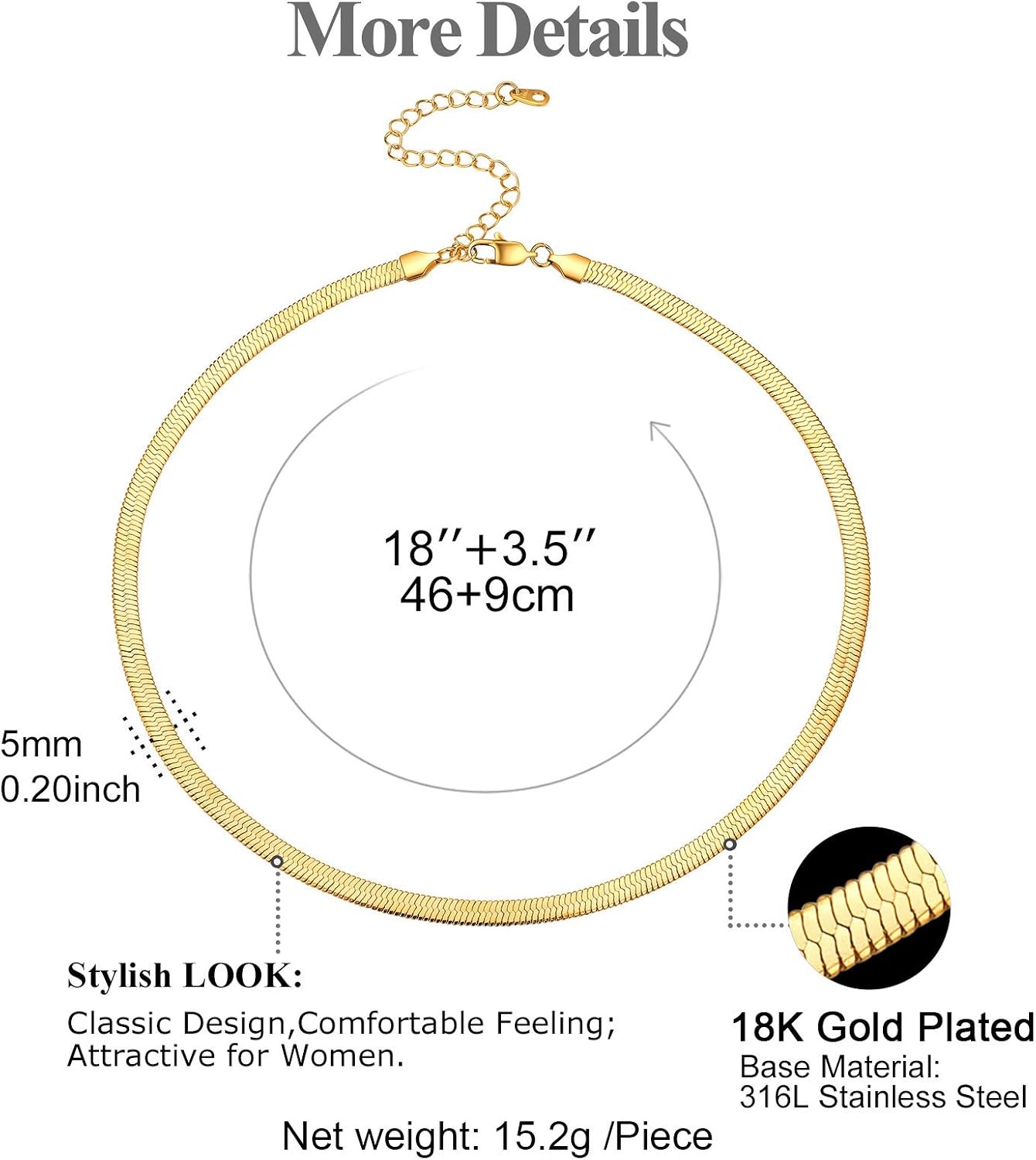 FOCALOOK Gold Chain Necklace for Women 18inch 5mm Flat Snake Chain 18K Gold Plated Stainless Steel Herringbone Necklace - Image 5
