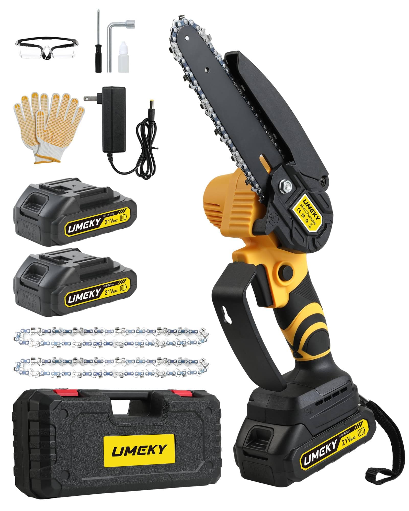 Mini Chainsaw Cordless, 6 Inch Electric Chainsaw, Battery Powered, Portable Handheld Chain Saw for Wood Cutting, Tree Trimming, Branch Pruning, Gardening, Camping, Yellow
