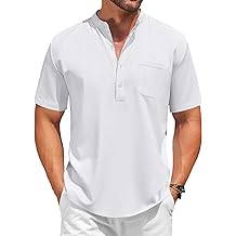 Men's Casual Henley Shirt Short Sleeve Summer Beach Band Collar Shirt Hippie Henley T-Shirts with Pocket
