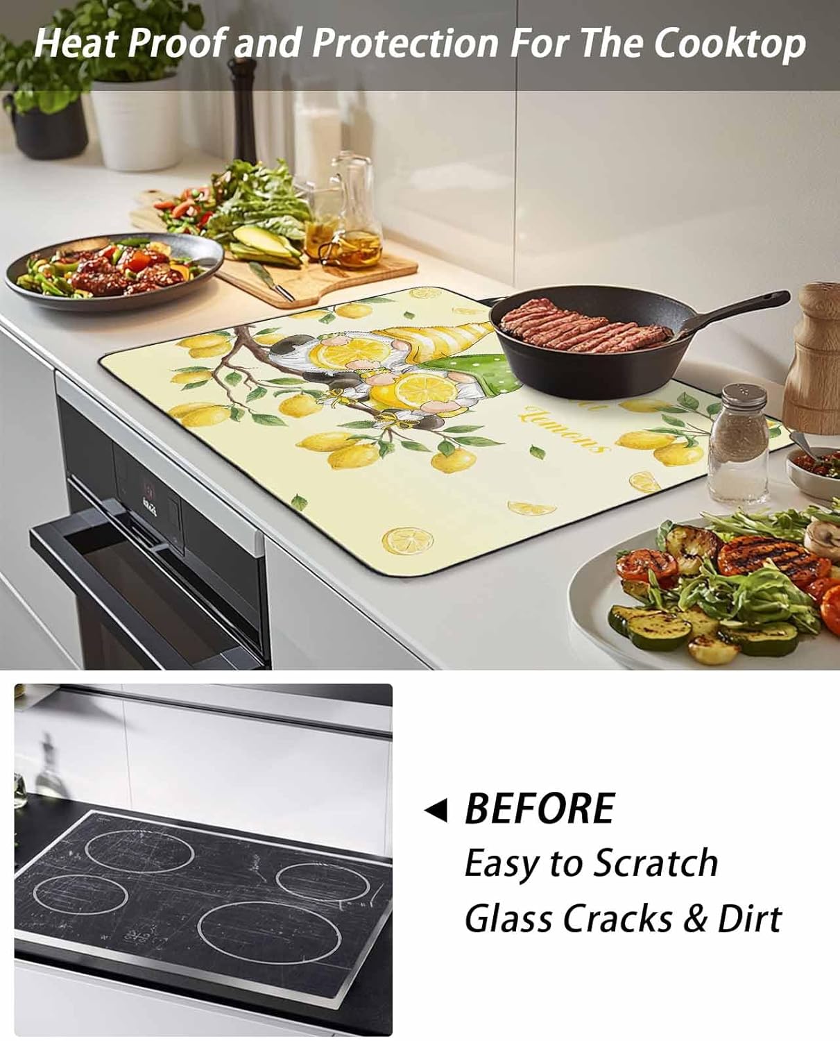 Stove Top Cover Yellow Lemon Gnomes Stove Cover for Electric Stove Top Summer Fruit Branches Glass Cooktop Covers Anti-Slip Mat Heat R esistant Countertop Protector Kitchen Decor 28.5"x20.5"