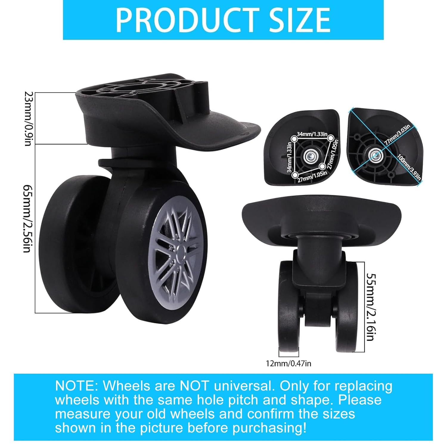 Luggage Wheels Replacement Kit, Suitcase Wheels Replacement with Screws, 360° Rotation Spinner Wheel, Mute Double Row Swivel Wheel for Luggage Suitcase Trolley (Black, 4PCS)