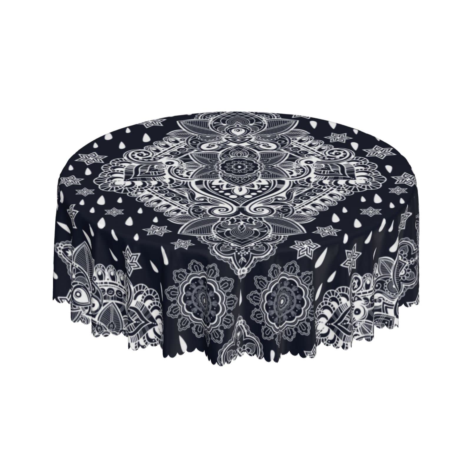Lsjuee Ethnic Mandala Boho Floral Black Abstract Round Tablecloth 60 Inch Printed Washable Tablecloth for Dining Party Holiday Fall Home Decorative