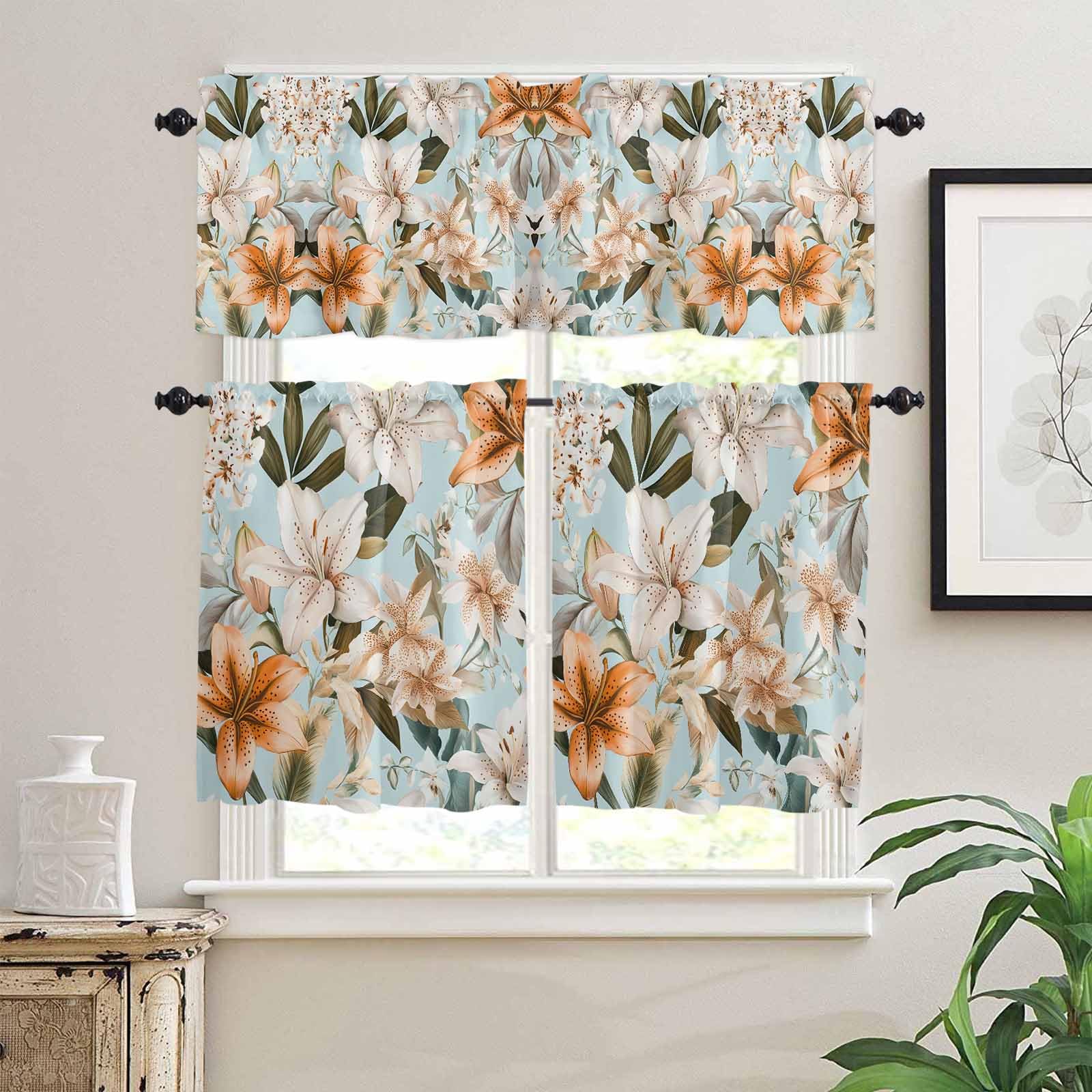 Lily Flower Kitchen Curtains 24 Inch Length,3 Piece Rod Pocket Small Half Tiers and Valance Set,Nature Orange White Plant Watercolor Blue Small Large Window Treatment Decor for Bedroom/Bathroom Sink