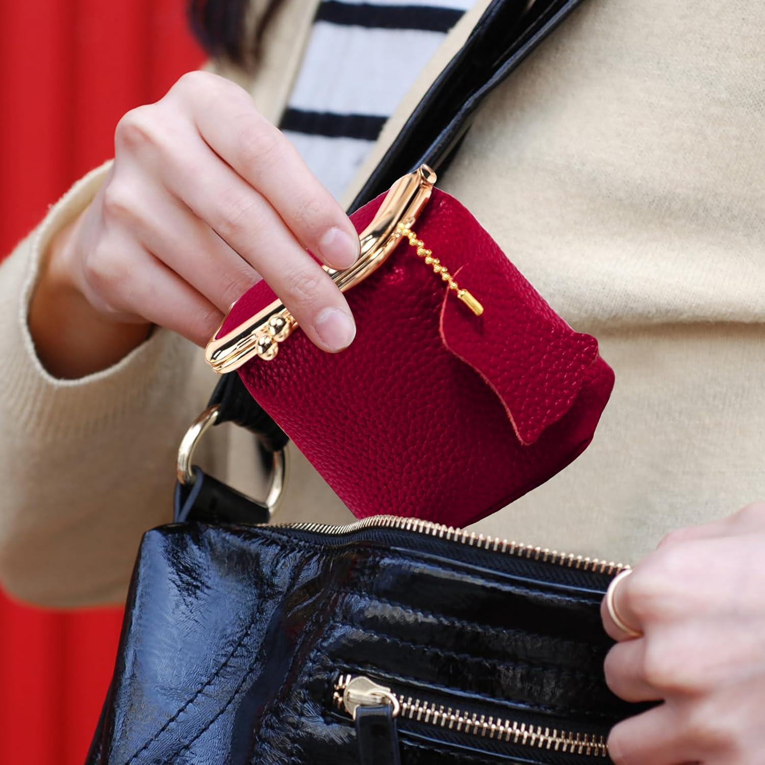 Genuine Litchi Leather Coin Purse for Women, Portable Vintage Wallet with Kiss Lock Mini Lipstick Holder Fashion Solid Color Key Storage Square Pouch (Wine red) - Image 6