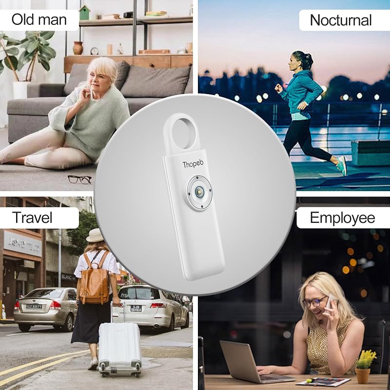 Thopeb Önvédelmi Kulcstartó Nőknek - 130 dB Hangos Riasztó, LED Villogó Fény, Vészjelző, Segélyhívó, Személyi Biztonsági Eszköz - Fehér