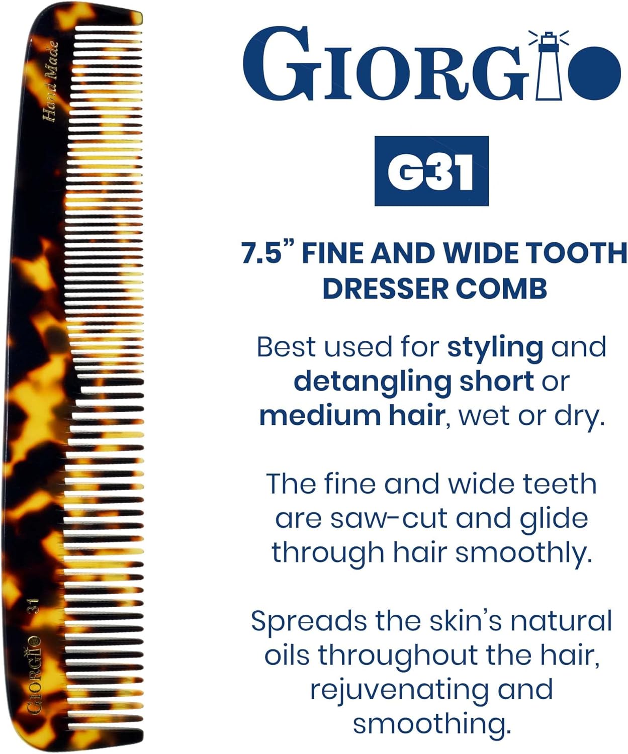 Giorgio G31 細い歯の櫛と幅広の歯の櫛 - 7.5インチ ヘアスタイリングコーム 男性用 グルーミングヘアコーム 女性用グ