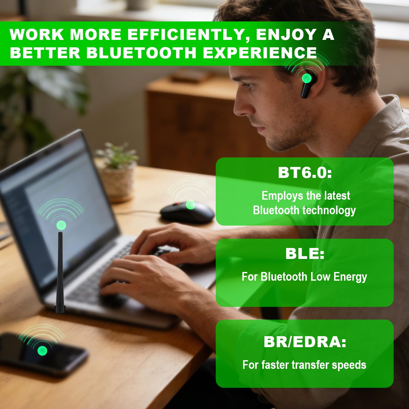 Adapter Bluetooth 6.0, Adapter USB Dalekiego Zasięgu Plug and Play Obsługuje Połączenie Wielourządzeniowe ze Słuchawkami Klawiaturą PC & Telefonami dla Windows 11/10/8.1
