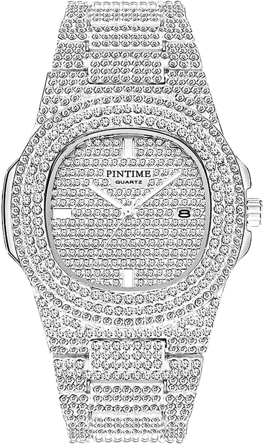 Gosasa Men's/Womens Unisex Crystal Watch Full Bling Iced-Out Cuban Watch Oblong Silver/Gold Wristwatch Hip-Hop Stainless Steel Bracelet Watch