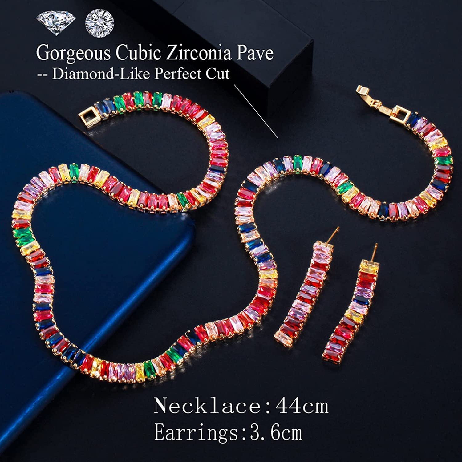 Joyería Multicolor Arco Iris rectángulo Zirconia cúbica Pendientes Collar Conjuntos para Mujeres Moda Fiesta bisutería