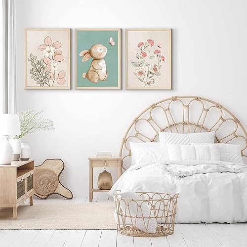 Miniatura 3 de Generic Arte de pared para guardería, bonito conejo, flores botánicas, decoración de pared, cuadros de guardería rosa y verde, póster para