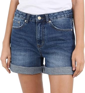 Womens Denim Short Vintage High Waisted Folded Hem Jeans Shorts Mom Bermuda