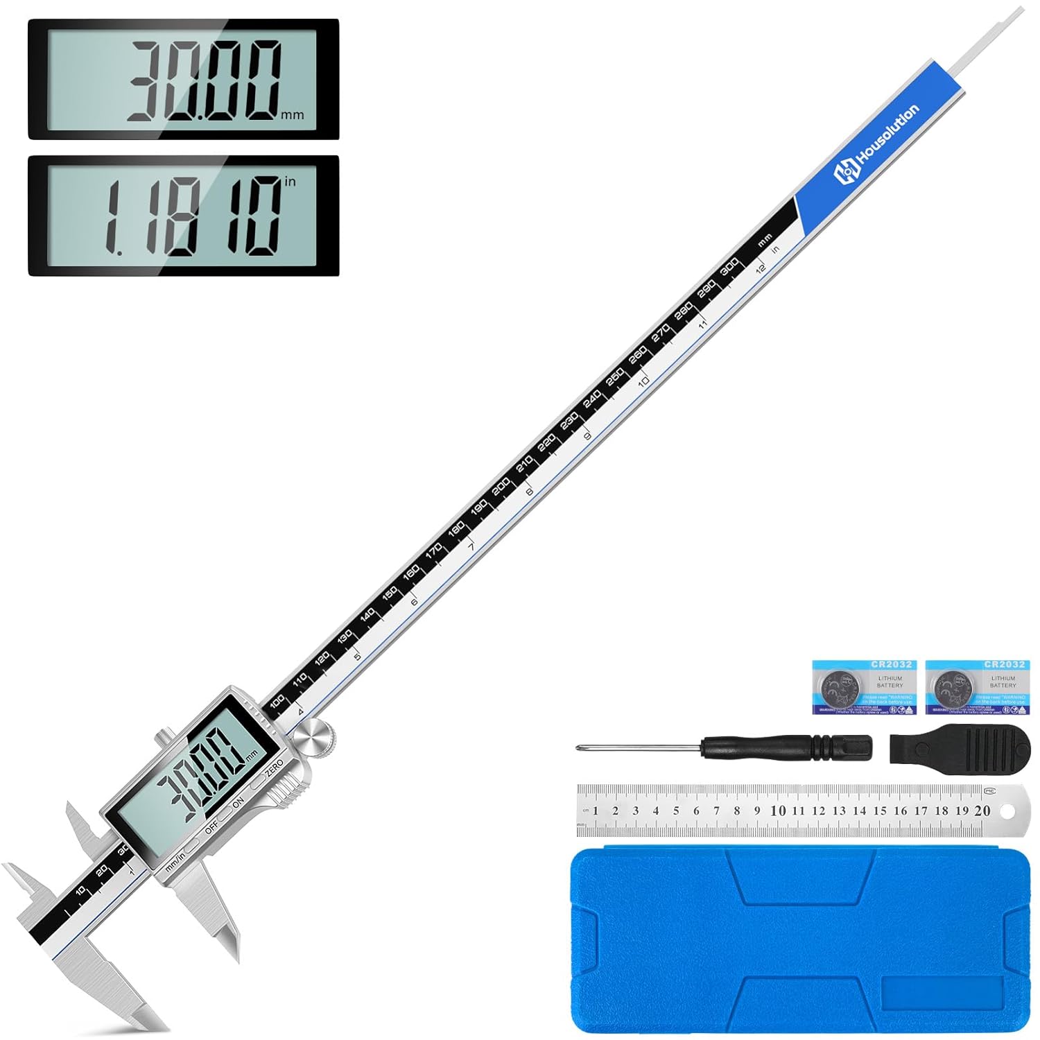 Housolution Digital Caliper, 12Inch Caliper Measuring Tool with Large LCD Screen, Inch/MM Switch, 4 Measuring Ways, Stainless Steel Micrometer Vernier Caliper with Splashproof Screen for Woodworkers