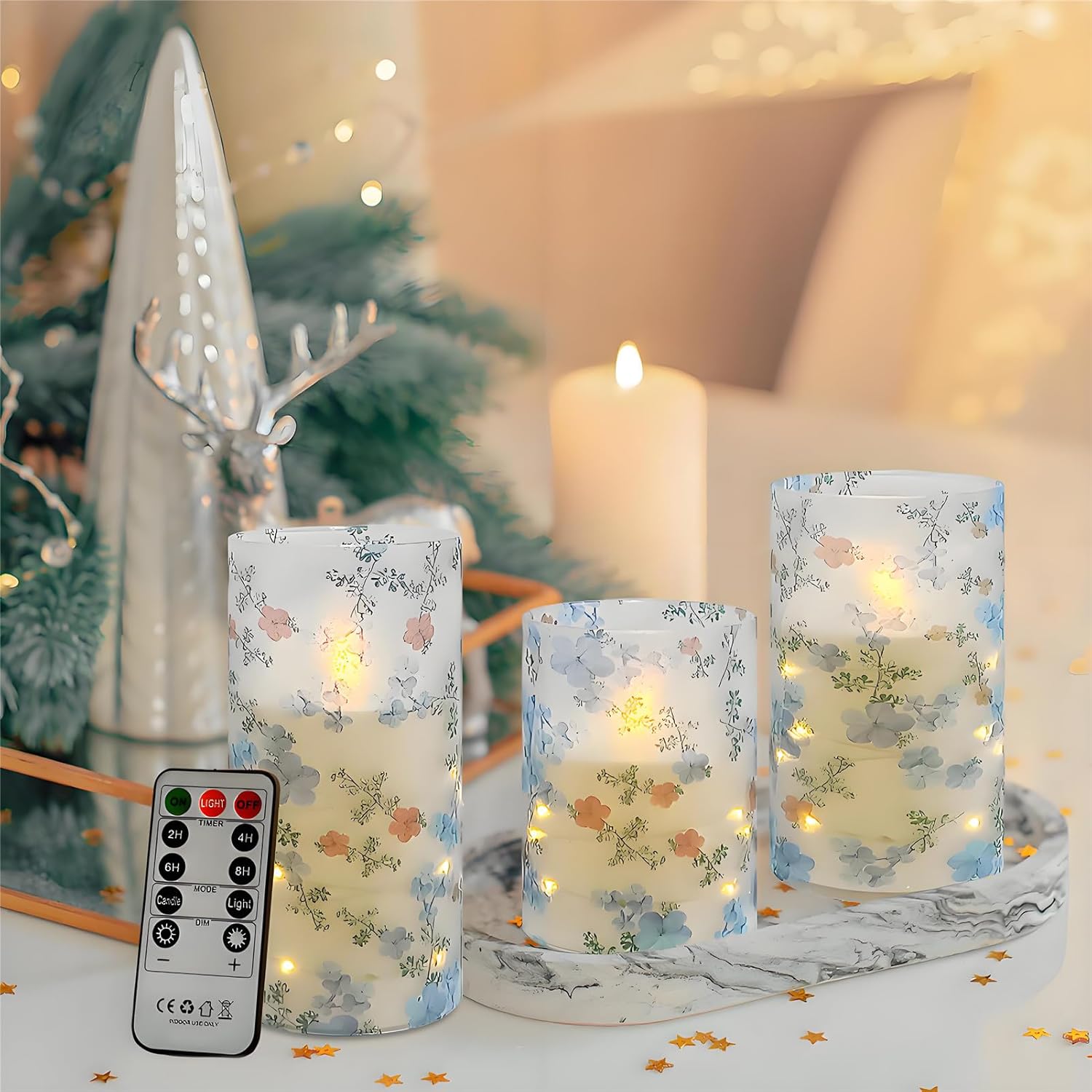 Printed Flameless Candles with String Lights - Set of 3 Battery Operated Candle Flickering Floral LED Pillar Candles with Timer Remote for Home Decor Romantic Ambiance,LT