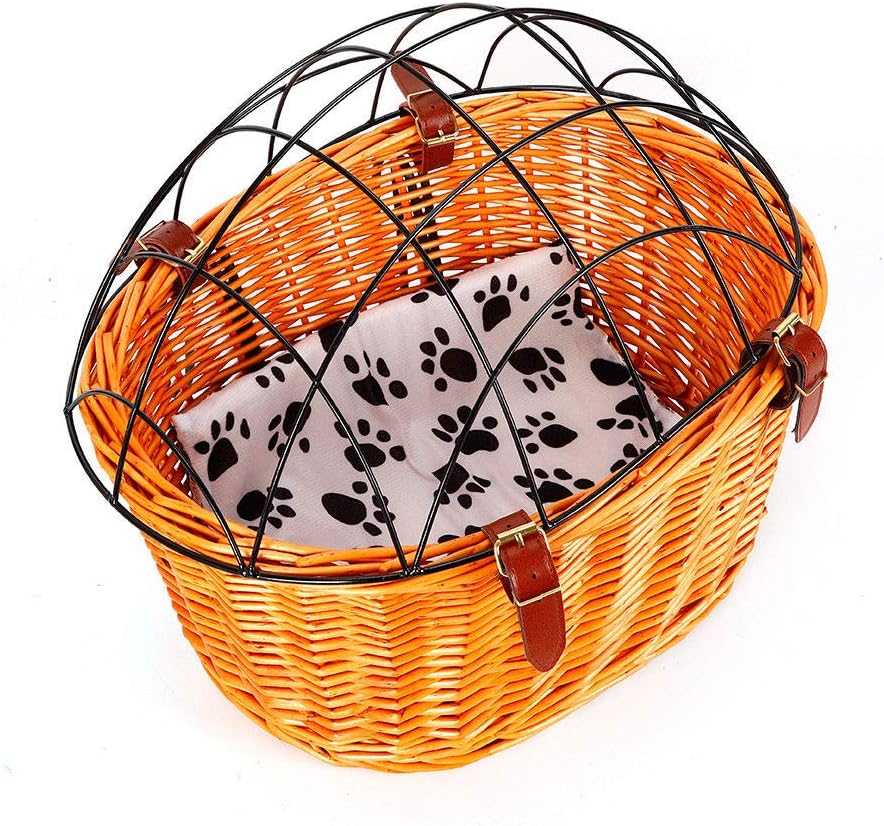 KAHE2016 Bicycle Pet Basket Bicycle Wicker Pet Basket with Wire Mesh Cover and Soft Cushion for Cat Dog Animal Traveling Shopping (Front Basket)