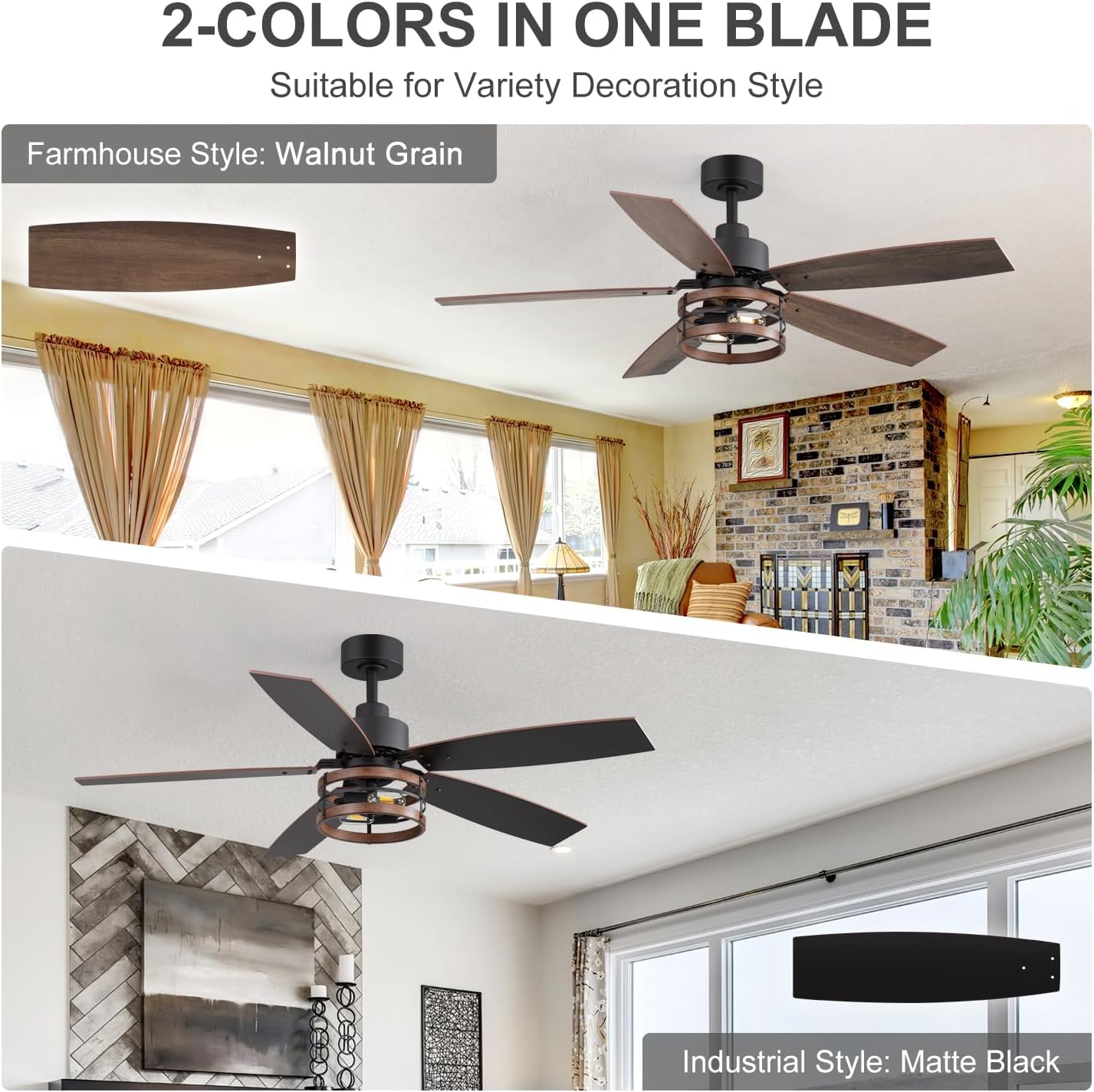 Close-up of the dual-finish fan blades, showing one side in matte black and the other in walnut grain, highlighting the two available styles.