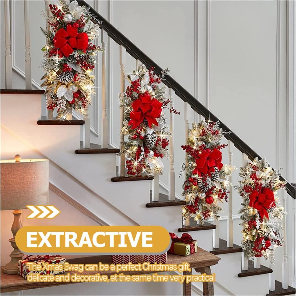 PRETYZOOM Christmas Stair Swag Bow Decor Lightweight Xmas Railing Teardrop Hanging Decoration for Front Door Window Fireplace Stylish Holiday Home Decor