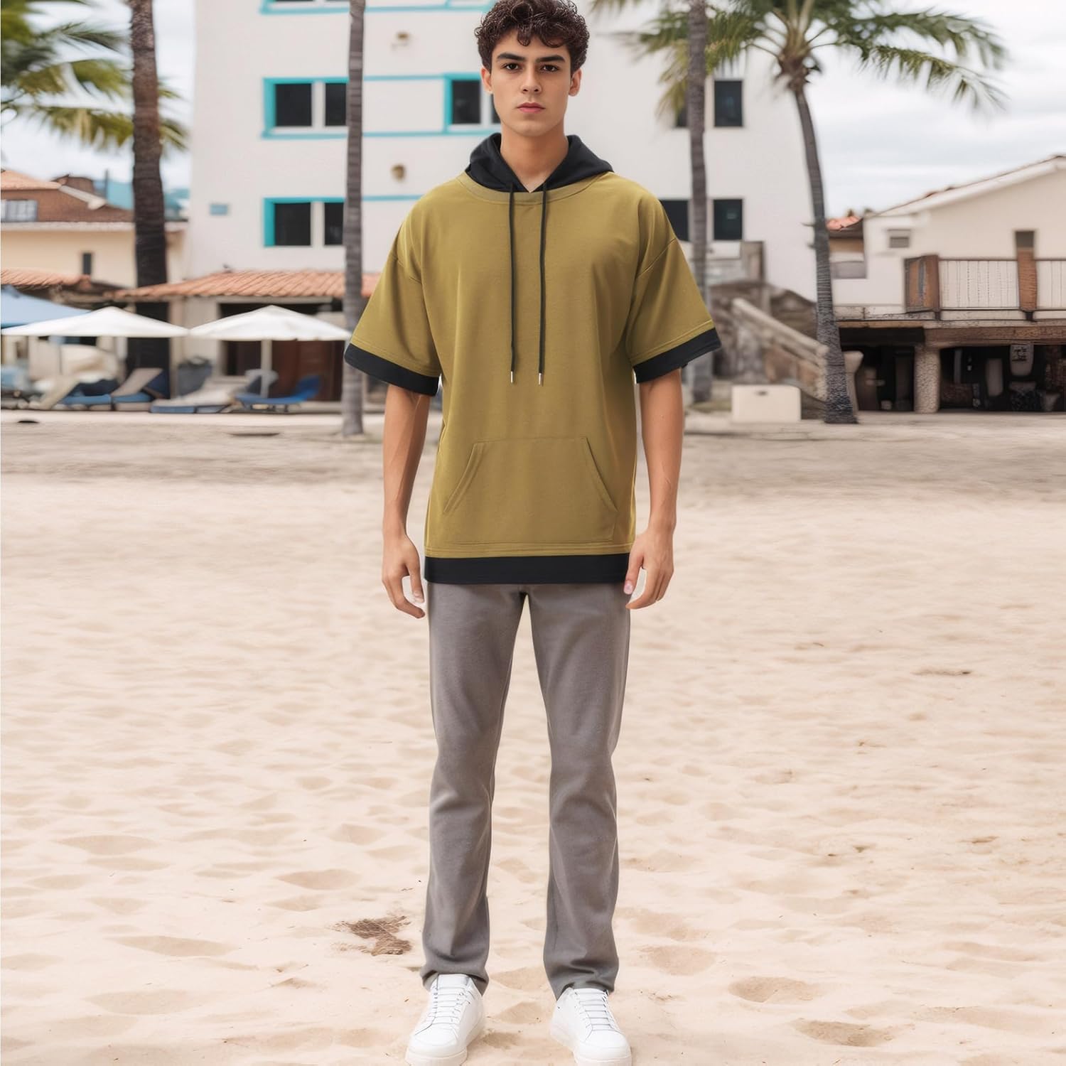 Mens Short Sleeve Hoodie Soft Cotton Color Block Moisture Wicking Big Pocket Streetwear Short Sleeve Sweatshirt - Image 4