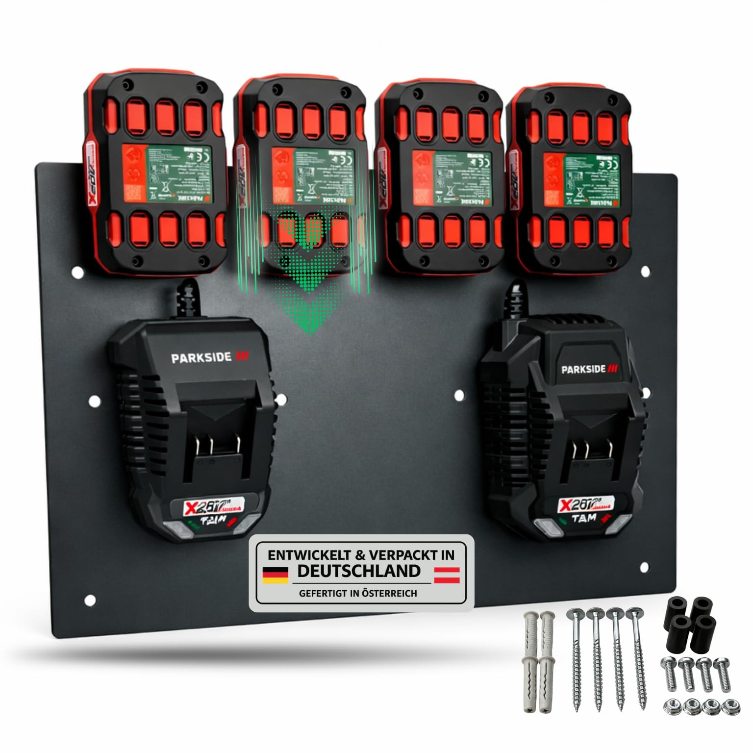 Wandfest® Supporto da parete per batterie e caricabatterie Parkside, con materiale di fissaggio [Made in Austria], supporto per batteria per 1-4 batterie, ora più ordine in officina e garage