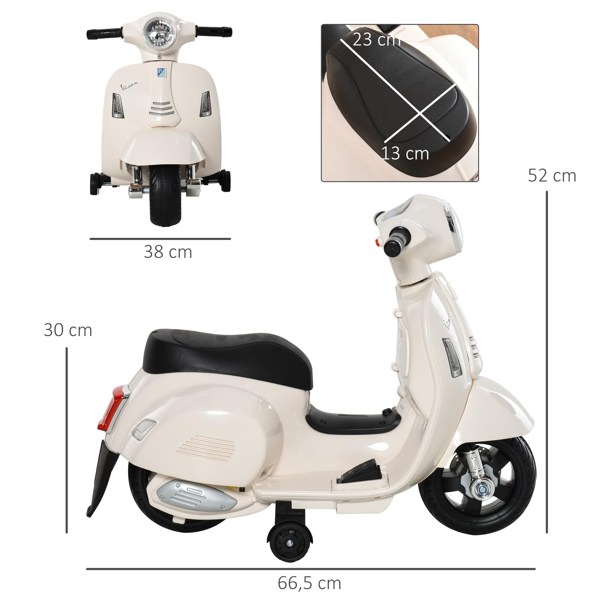 HOMCOM Moto Eléctrica Vespa para Niños de 18-36 Meses Moto de Batería 6V con Faro Bocina y 4 Ruedas Motocicleta Infantil con Licencia 66,5x38x52 cm Blanco — view 7