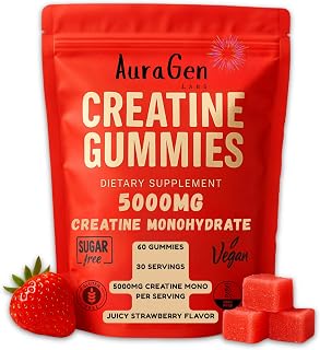 Creatine Gummies 5g (5000mg) Sugar-Free, Vegan, Creatine Supplement for Men & Women, 30-Day Supply for Muscle Strength, Recovery & Cognitive Support, Juicy Strawberry