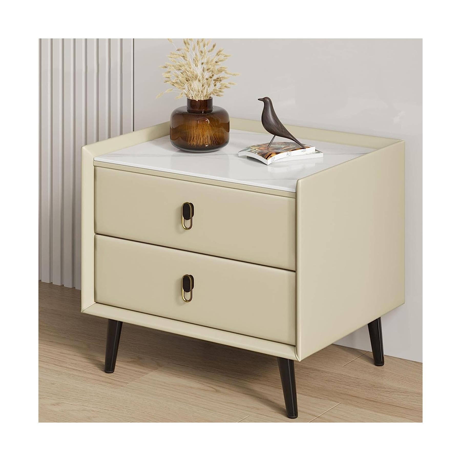 BHGFYXBS Nightstand Nordic Leather End Table Faux Marble Top Bedside Table W/2 Drawer Bedside Dresser Wooden Square Bedside Cabinet,Blue,Beige,Beige
