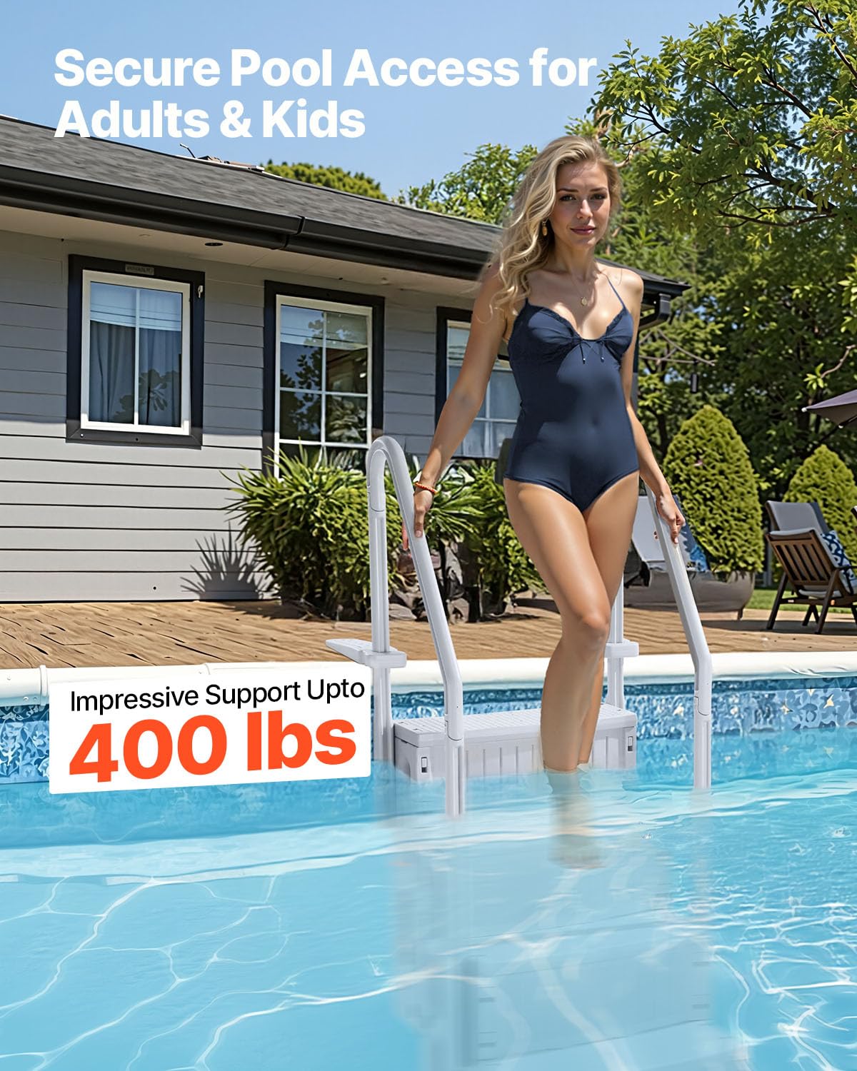 VEVOR Escalier de Piscine Plastique 4 Marches Antidérapantes 181,4 kg 122-137 cm Gris
