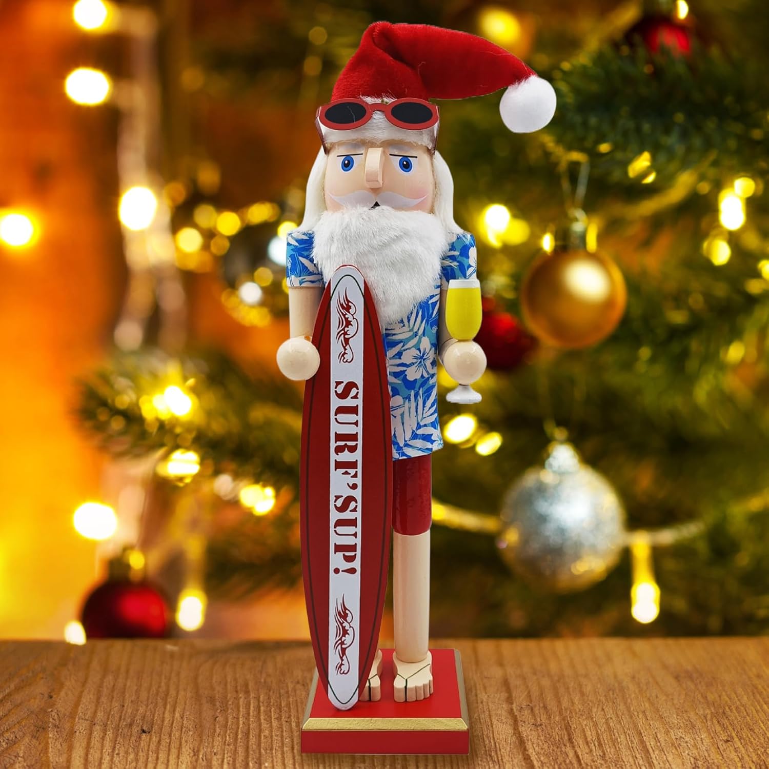 Santa Nutcracker Figures Traditional Wooden Nutcracker, Hawaiian Surfer Santa, Summer-Themed Christmas Decor for Tables and Shelves, Style 1.
