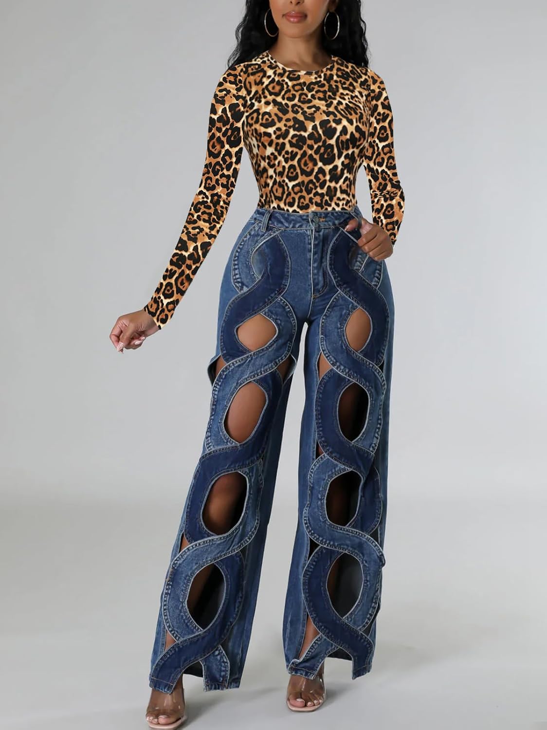 Women's Long Sleeve Basic Tops - Crew Neck Leopard Print Casual Going Out Y2K Fall Top Fitted T Shirt Clothes Animal Brown XXL - Image 3