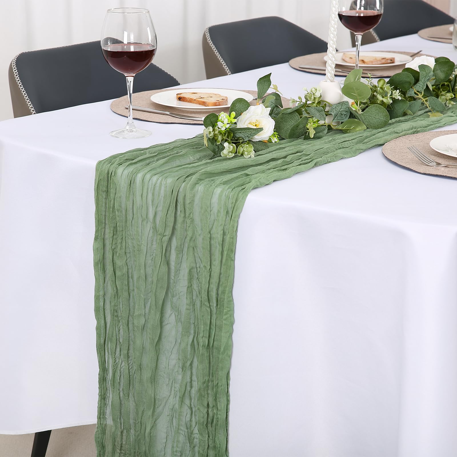 Jumdast käsetuch Tischläufer Boho, Tischläufer Modern Abwaschbar Hochzeit Outdoor Garten Wetterfest Musselin Chiffon Stoff Hochzeitsdeko Taufe Deko Tischdeko (Salbeigrün, 90 x 400 cm, 2 Stück)