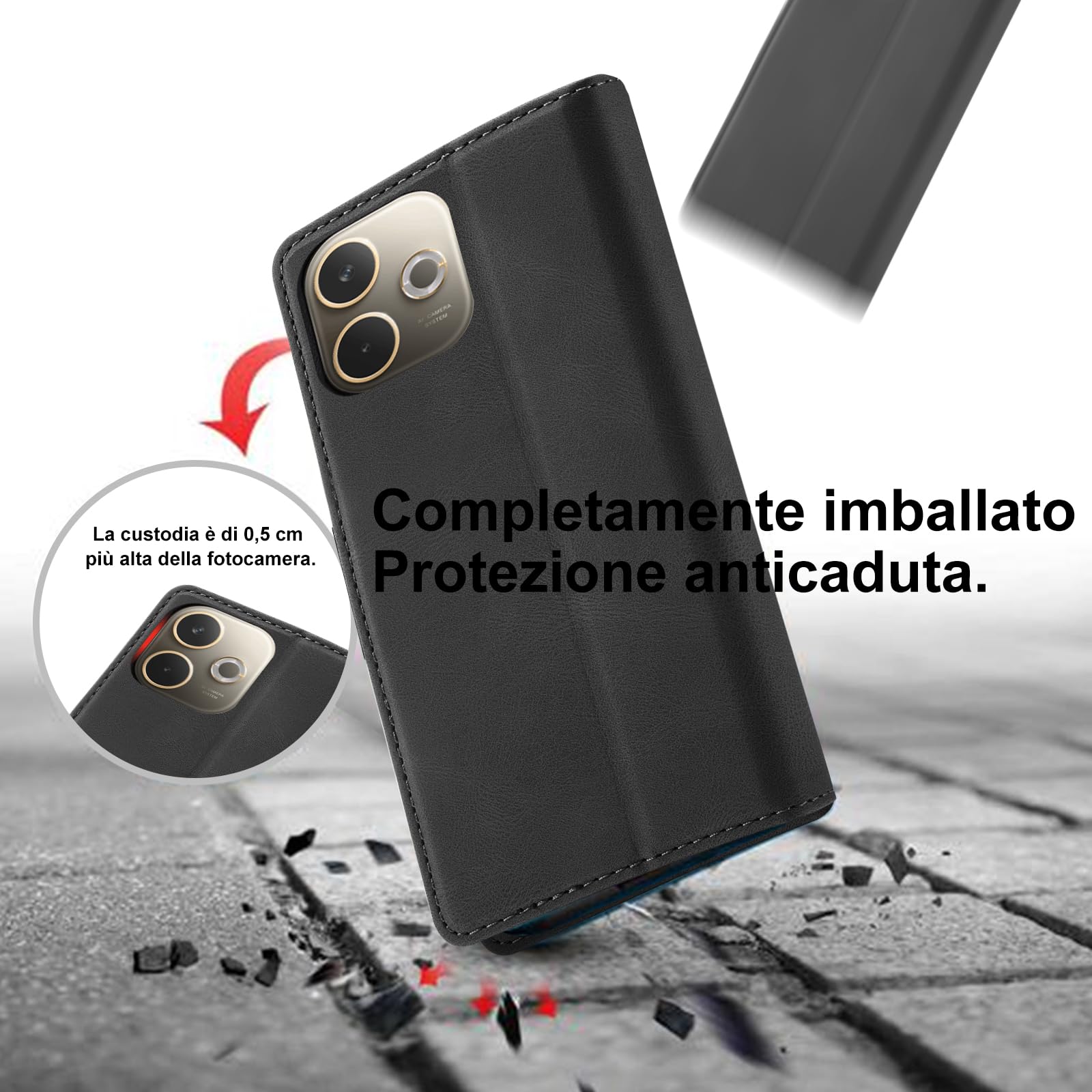 Giyer Cover per OPPO A5 Pro Custodia con Vetro Temperato, Premium Pelle PU Portafoglio Slot per Scheda RFID Antifurto Funzione Supporto Flip Case, Antiurto per OPPO A5 Pro 5G Cover (Nero)