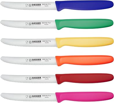 Giesser since 1776, Made in Germany, Serrated kitchen knives round tip dishwasher safe 4.5 inch - Tomato knife, Steak knive set of 6 MIX Color