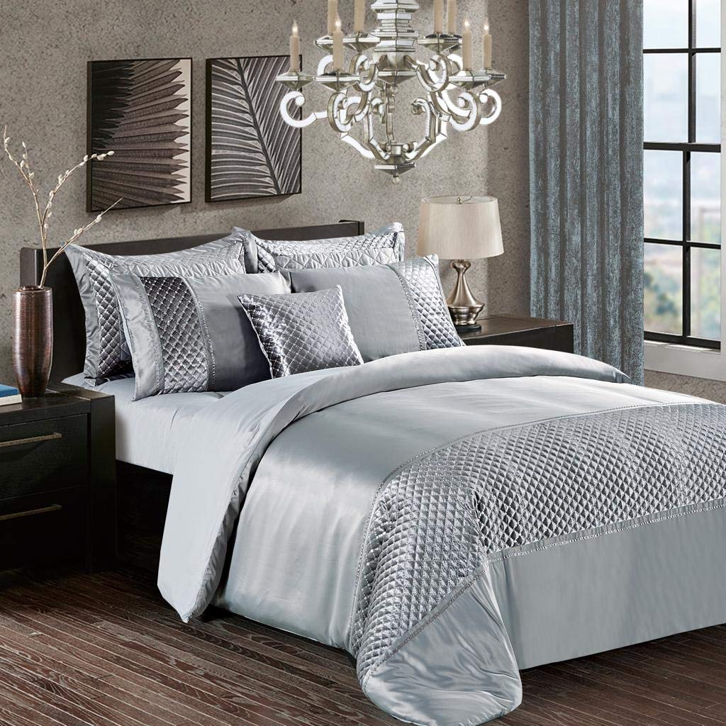Swift Silver 3 Piece Fancy Duvet Cover Sequin Bedding Set With Pillowcase Silky Glittery Velvet (, Double)