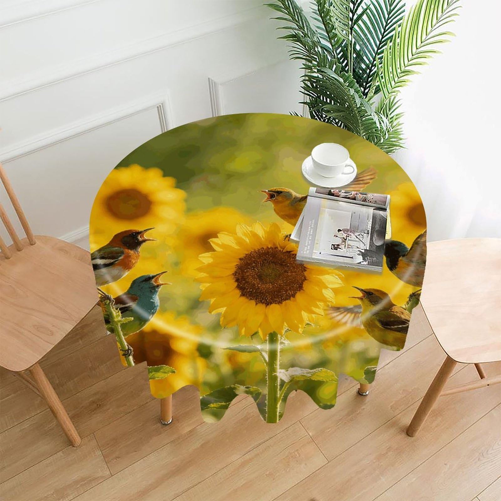 LZQPOEAS Sunflowers and Songbirds Tablecloth Easy to Clean Polyester Round Table Cover Washable Round Table Cloth Wrinkle-Free Circle Decoration Tablecloth for Kitchen and Dining Room 60"